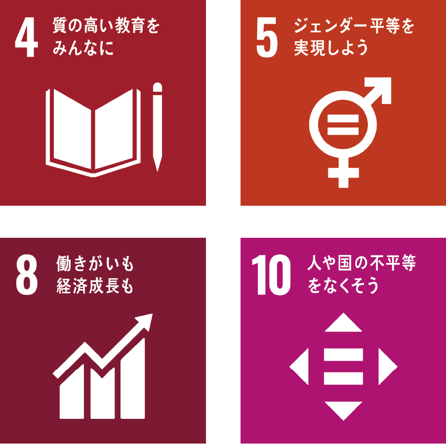 4.質の高い教育をみんなに。5.ジェンダー平等を実現しよう。8.働きがいも経済成長も。10.人や国の不平等をなくそう。