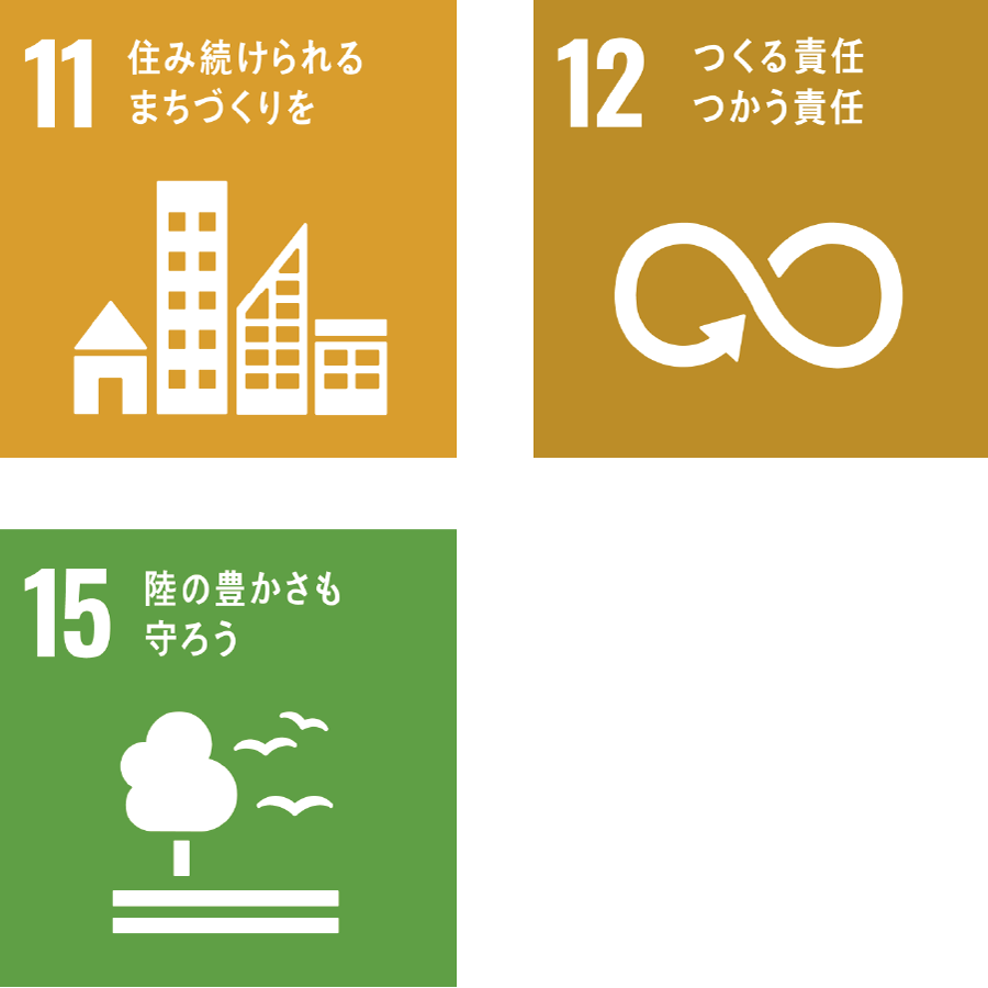 11.住み続けられるまちづくりを。12.つくる責任、つかう責任。15.陸の豊かさも守ろう。